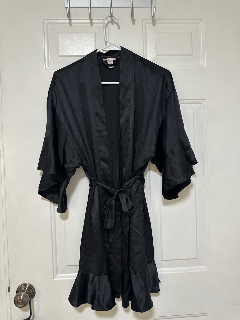 Black Satin Ruffle Trim Robe with Tie